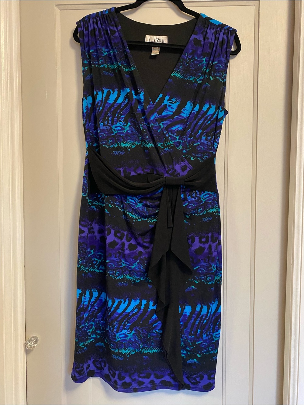 Joseph Ribkoff Black Electric Blue  Animal Print Faux-Wrap Dress Size 12 Formal